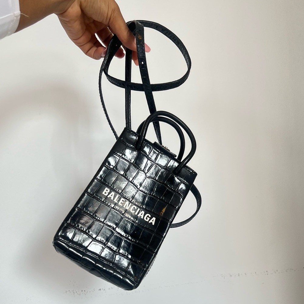 Balenciaga Shopping Phone Holder Crocodile Embossed Leather bag